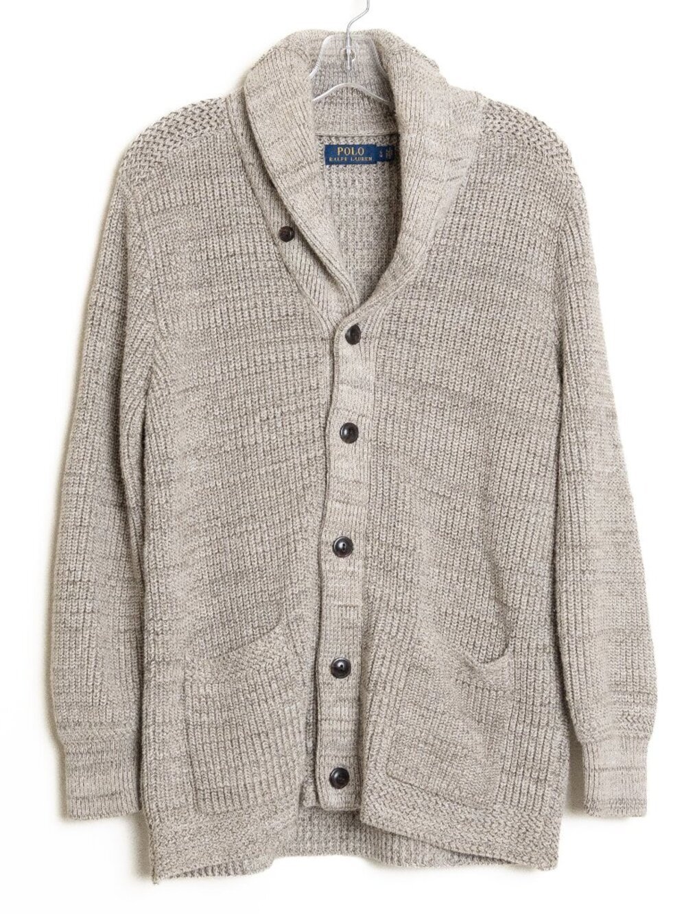 Polo Ralph Lauren Chunky Shawl Collar Cardigan Oatmeal Beige Cotton Knit L - Picture 2 of 13